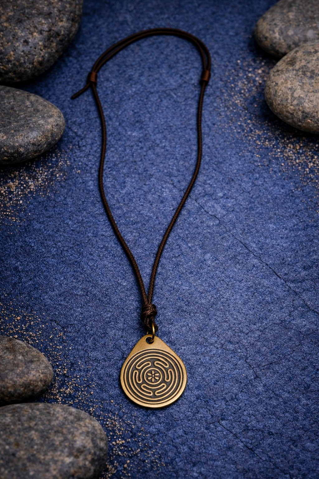 Antique-gold-tone labyrinth symbol pendant necklace on an adjustable brown cord on the indigo coloured stone background