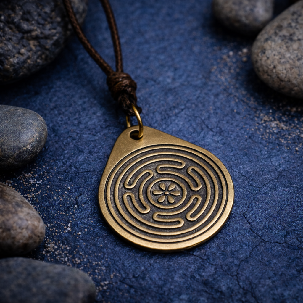 Close-up of an antique-gold-tone round labyrinth symbol pendant with a floral centre detail