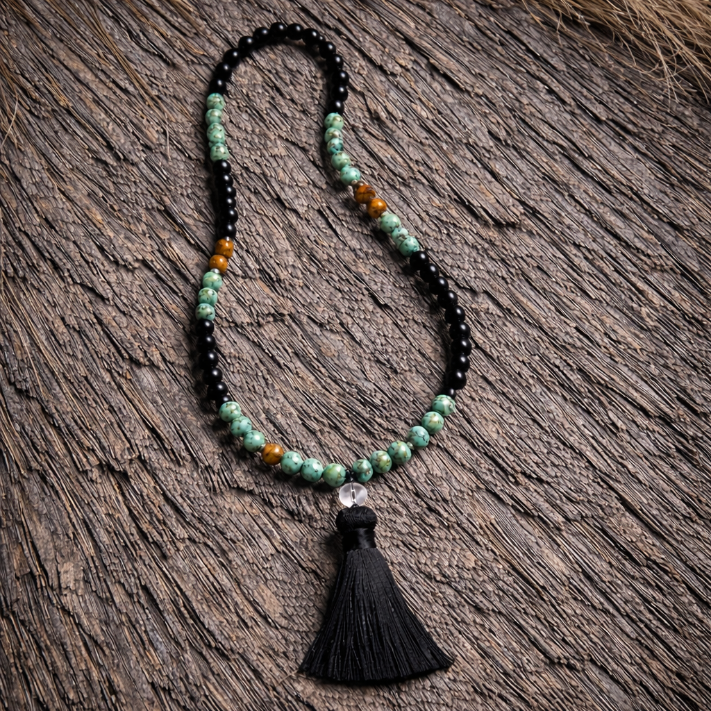 Long boho beaded necklace with black obsidian-look, African turquoise-look and tiger’s-eye-look beads, finished with a black tassel.