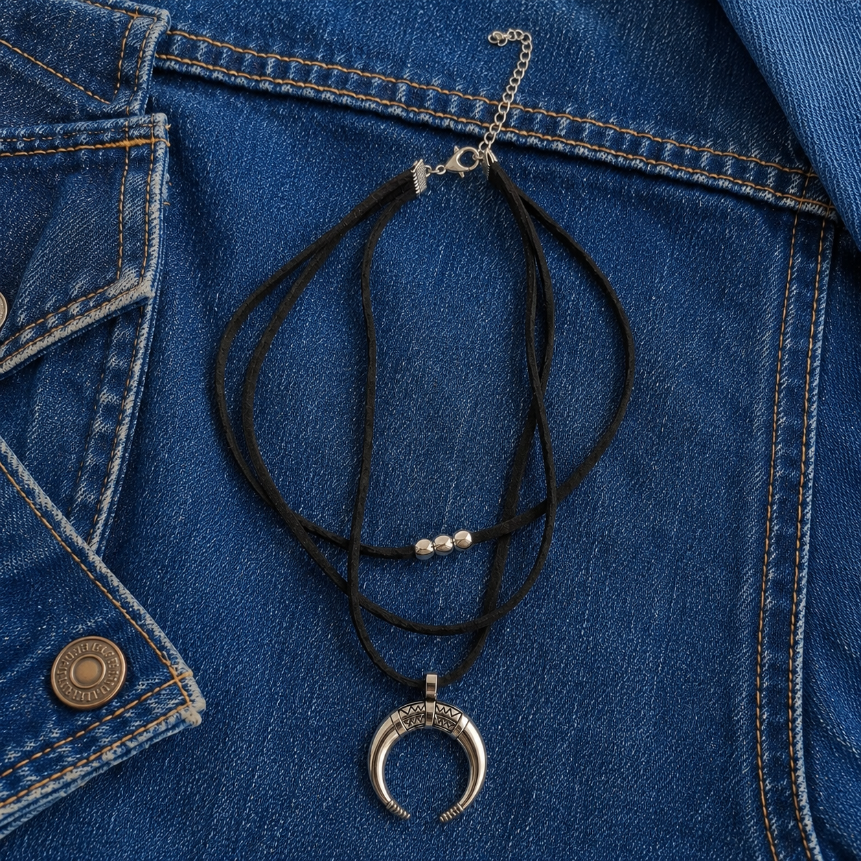 A black multi-strand cord necklace with a silver tone crescent moon pendant and small silver tone beads, displayed on a blue denim jacket.