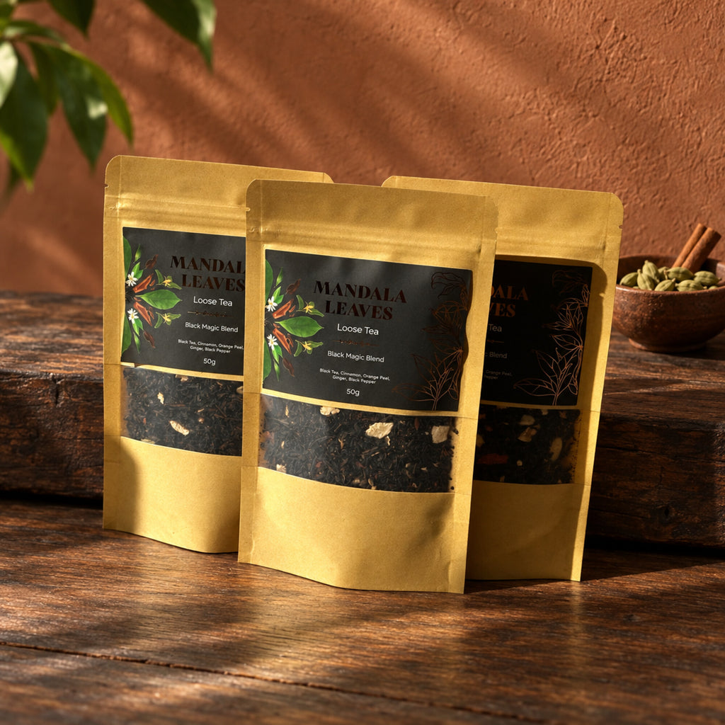 Three Mandala Leaves Black Magic Blend loose black tea 50g pouches with warming spices