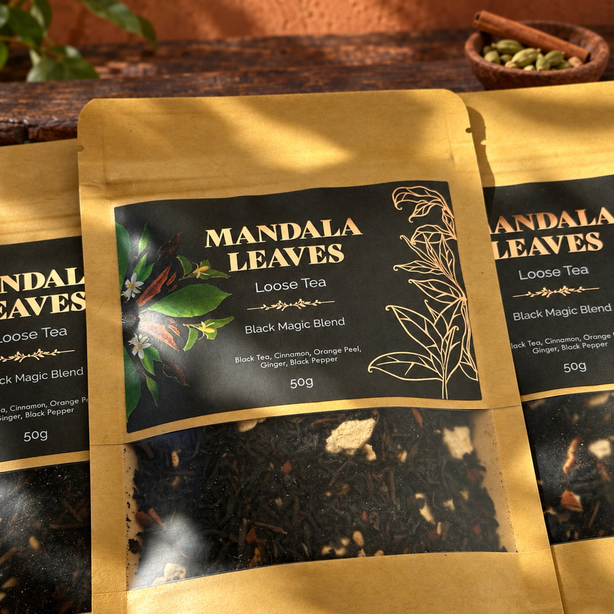 Mandala Leaves Black Magic Blend spiced black tea 50g pouch with cinnamon, cardamom and orange peel