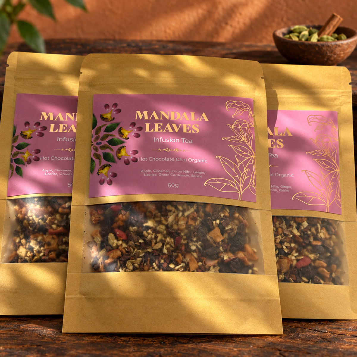 Close-up of Mandala Leaves Organic Hot Chocolate Chai loose infusion in resealable 50g pouches