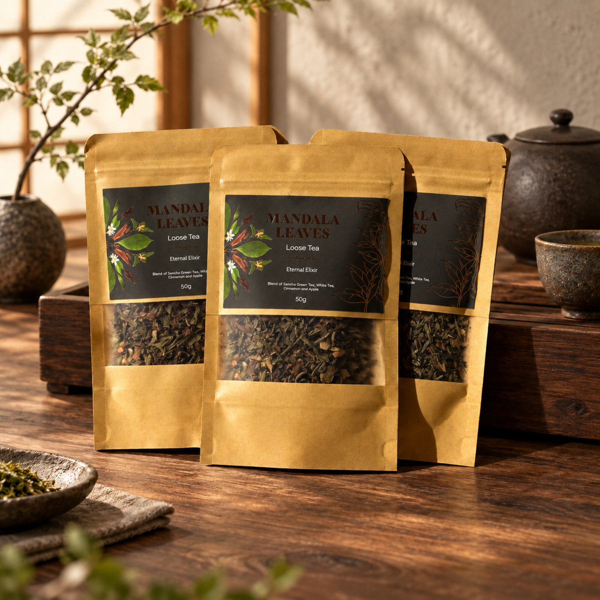 Mandala Leaves Eternal Elixir green and white loose tea 50g pouches in a warm tea setting
