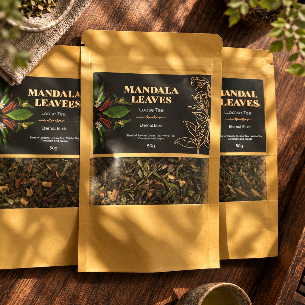 Mandala Leaves Eternal Elixir loose tea blend with Sencha green tea, white tea, apple and cinnamon