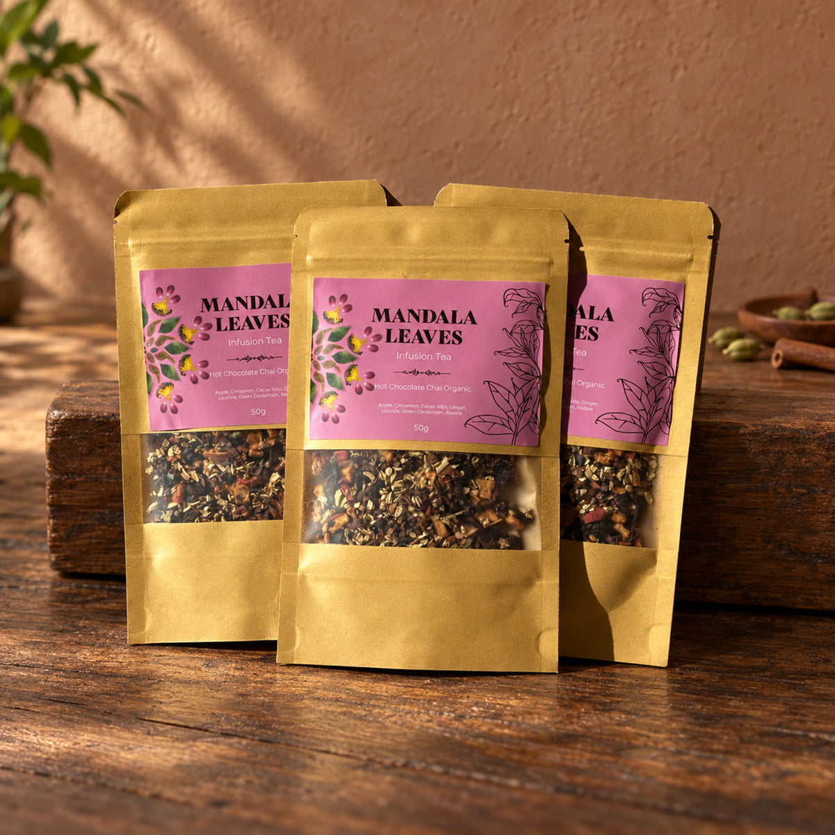 Mandala Leaves Organic Hot Chocolate Chai Infusion 50g pouches with cocoa, cinnamon and cardamom blend