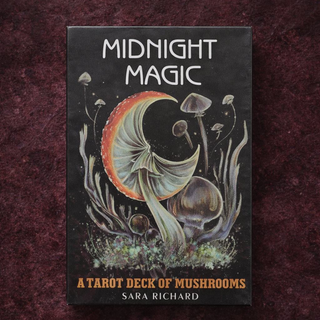 Front of Midnight Magic: A Tarot Deck of Mushrooms by Sara Richard, featuring moon and mushroom artwork
