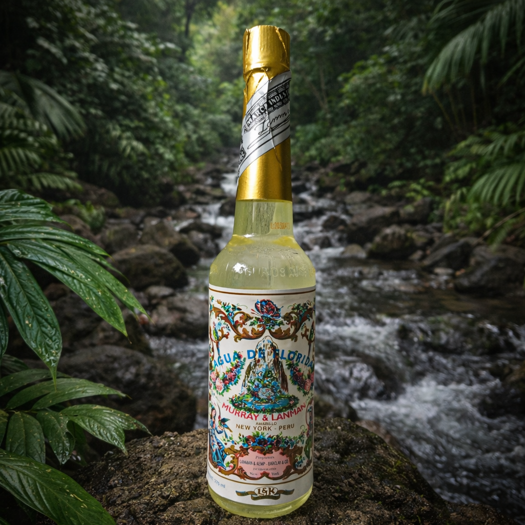 Murray & Lanman Agua de Florida Peru cologne bottle displayed beside a rainforest stream