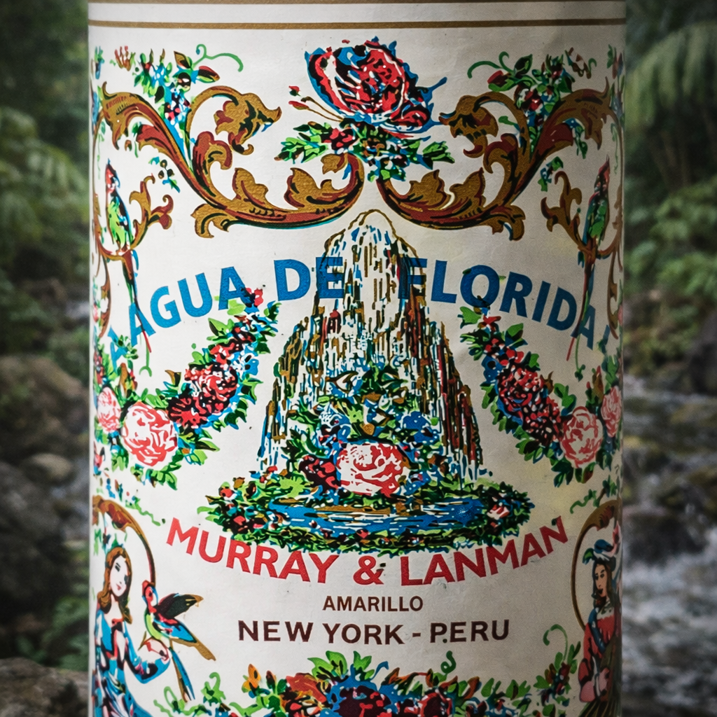 Close-up of the Murray & Lanman Agua de Florida Peru cologne label with floral artwork