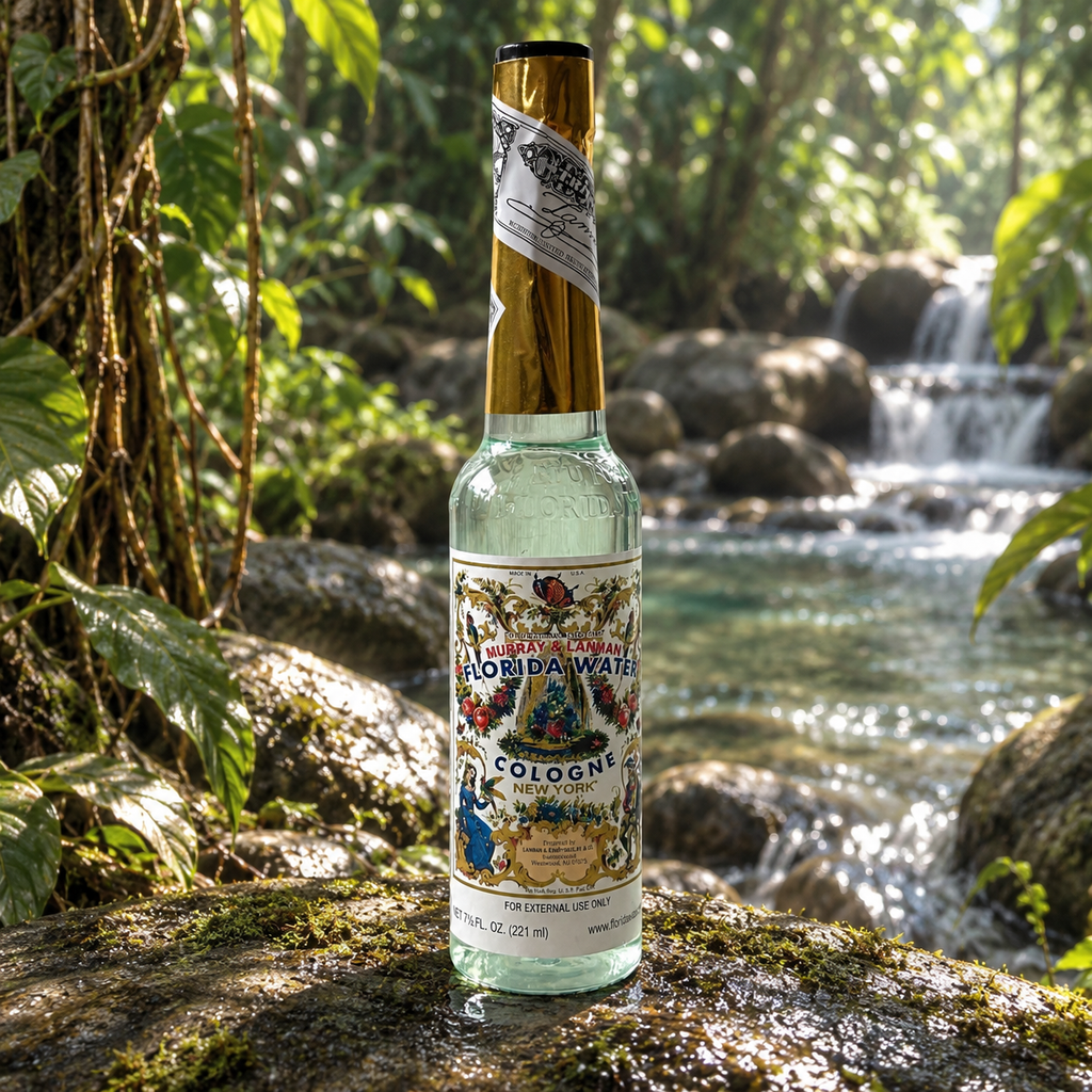 Murray & Lanman Florida Water Cologne 221 ml bottle displayed on a moss-covered rock beside a tropical forest stream
