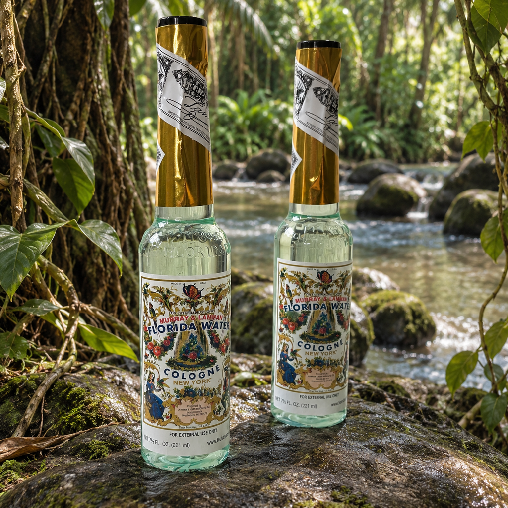 Two Murray & Lanman Florida Water Cologne 221 ml bottles displayed beside a tropical jungle stream
