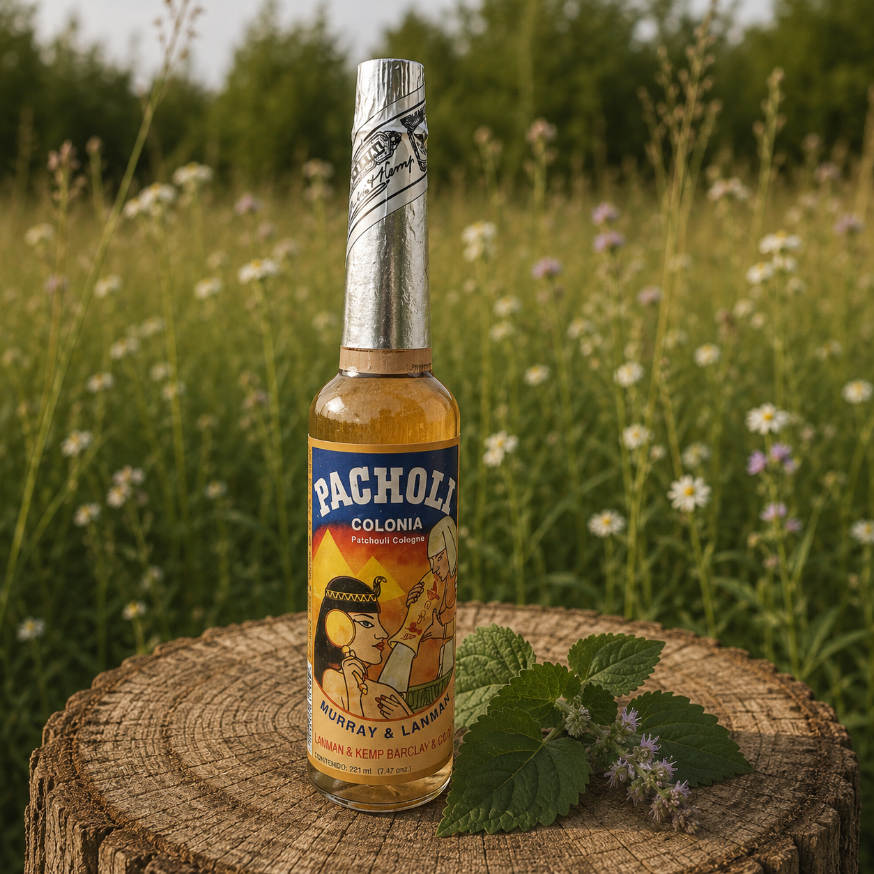 Bottle of Murray & Lanman Patchouli Cologne displayed on a natural tree stump with fresh patchouli leaves in a wildflower meadow.