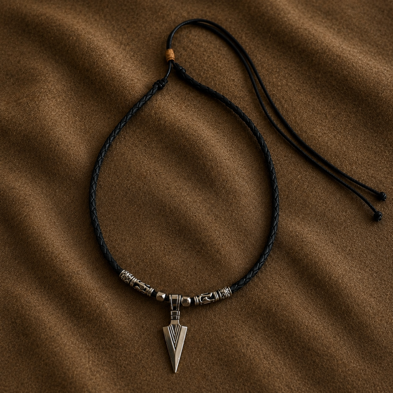 A braided black cord necklace with a silver-toned arrowhead pendant and decorative spacer beads, laid flat on a textured brown fabric background.
