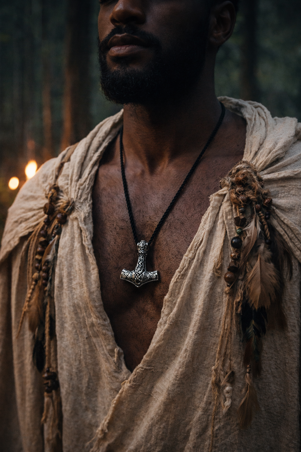Model wearing a silver-tone Mjölnir Thor’s hammer pendant necklace with Norse-inspired Celtic knotwork