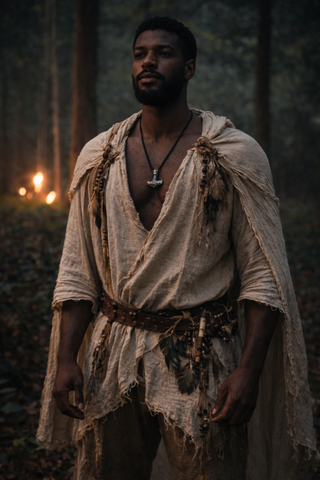Full view of a model wearing a silver-tone Mjölnir Thor’s hammer pendant necklace on a black cord