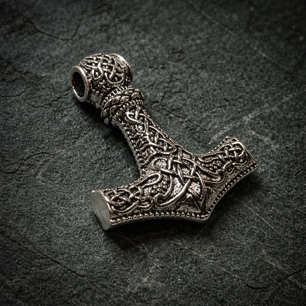 Angled view of a silver-tone Mjölnir Thor’s hammer pendant with raised Norse-inspired knotwork