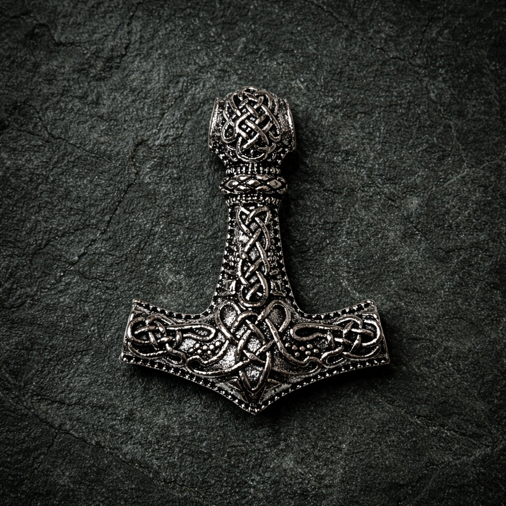 Front view of a silver-tone Mjölnir Thor’s hammer pendant with intricate Norse-inspired knotwork.