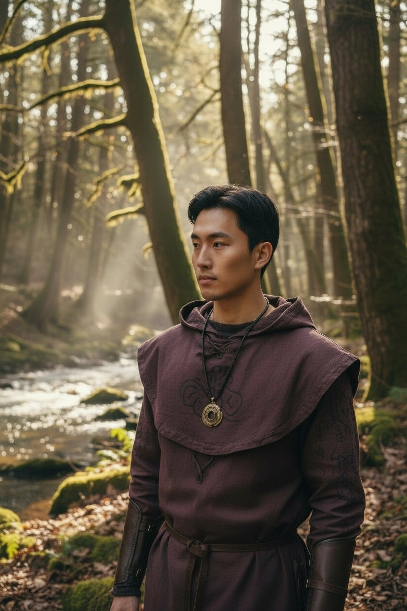 Model wearing a round gold-tone pendant necklace with a Norse-inspired rune snake wheel on a black braided cord.