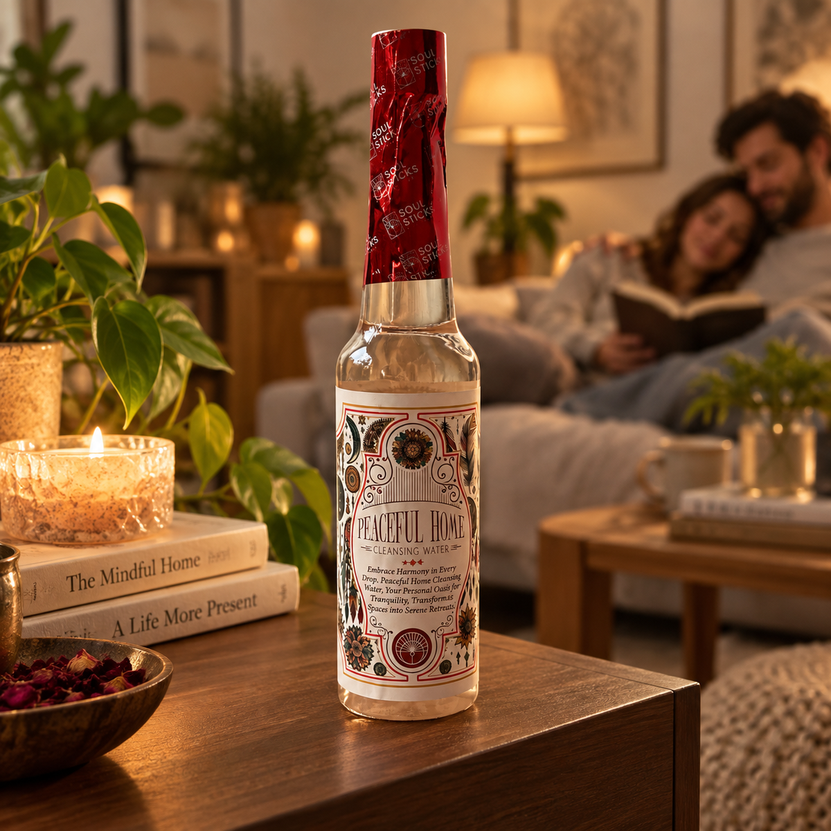 Soul Sticks Peaceful Home Cleansing Water room mist displayed on a wooden table in a cosy living room with candles and plants