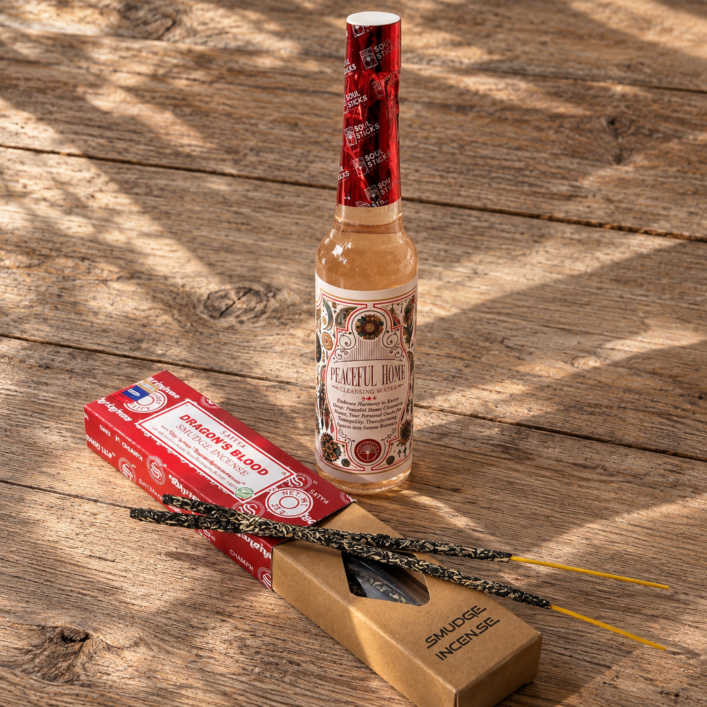 Peaceful Home Cleansing Water and Satya Dragon’s Blood Smudge Incense set with incense sticks displayed beside the packaging.
