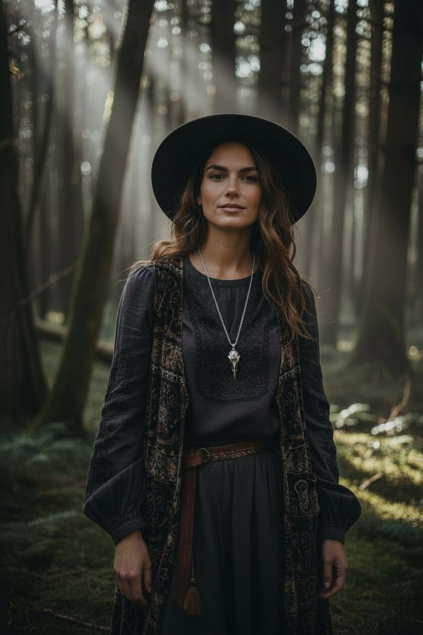 Model wearing a silver-tone raven skull pendant necklace with a Vegvisir-style symbol