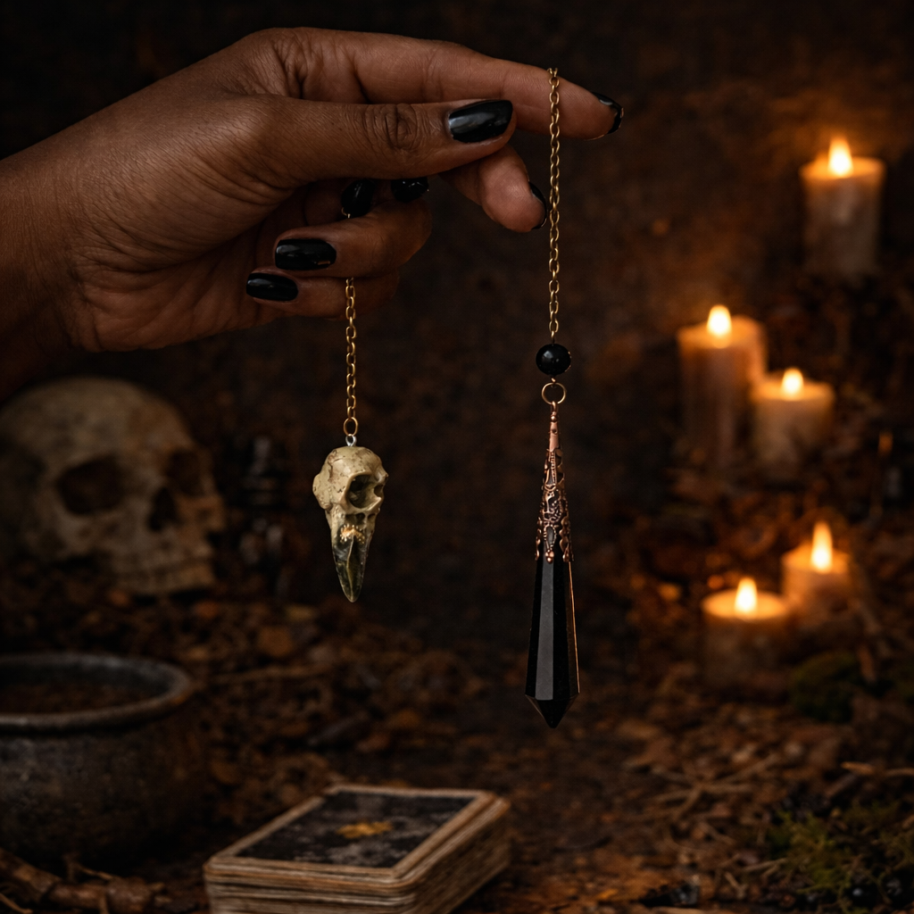 Divination pendulum with skull charm and dark pendulum point held over ritual setting