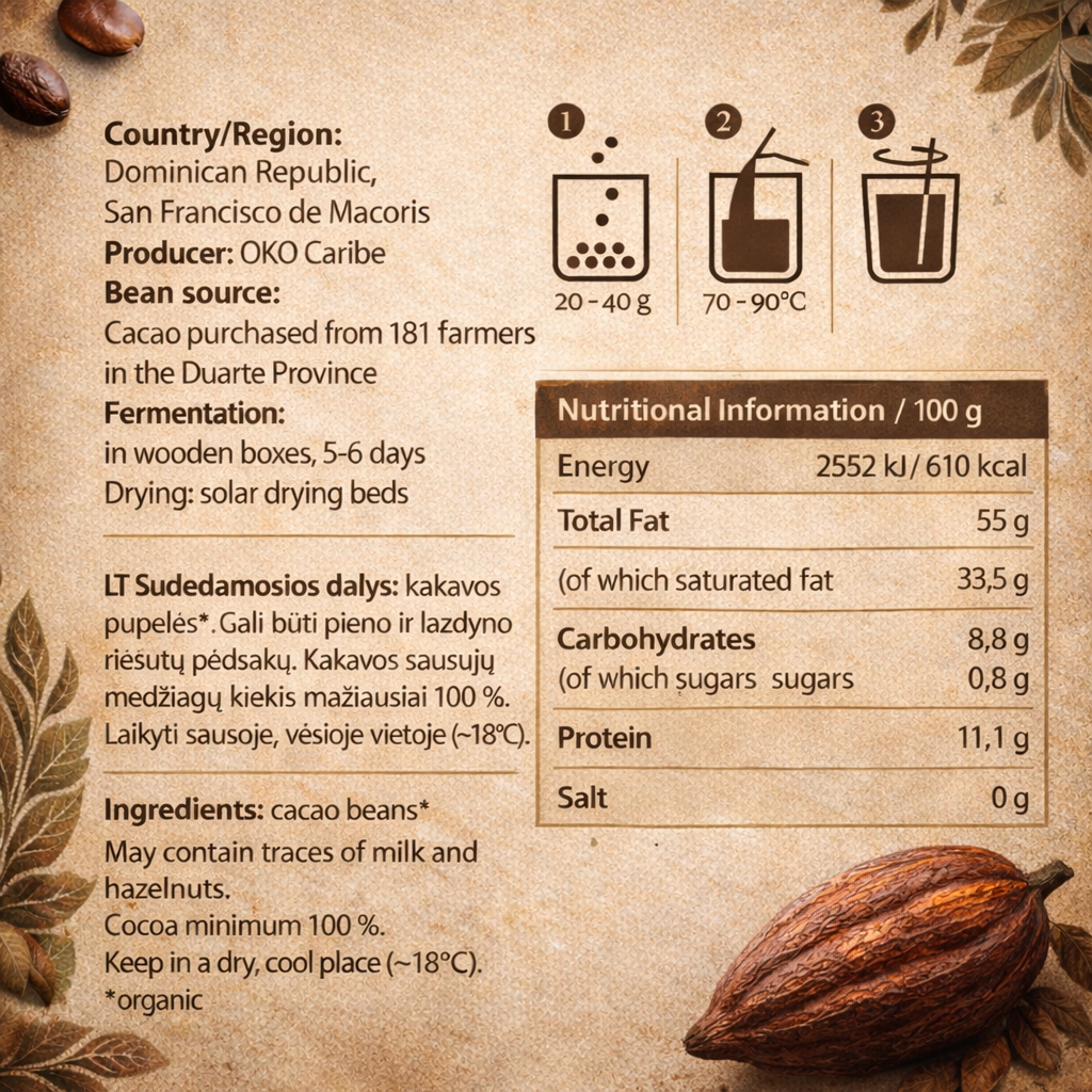 Ceremoninė kakava – Dominikos Respublika – 100 % kakavos masė