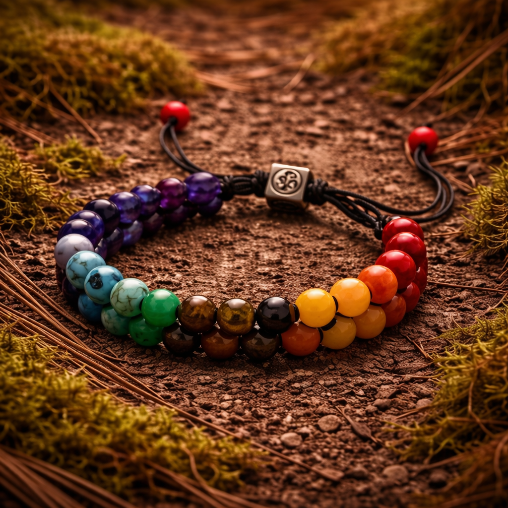 Seven Pathways shamanic chakra bracelet with multicolor chakra stones on earthy forest background