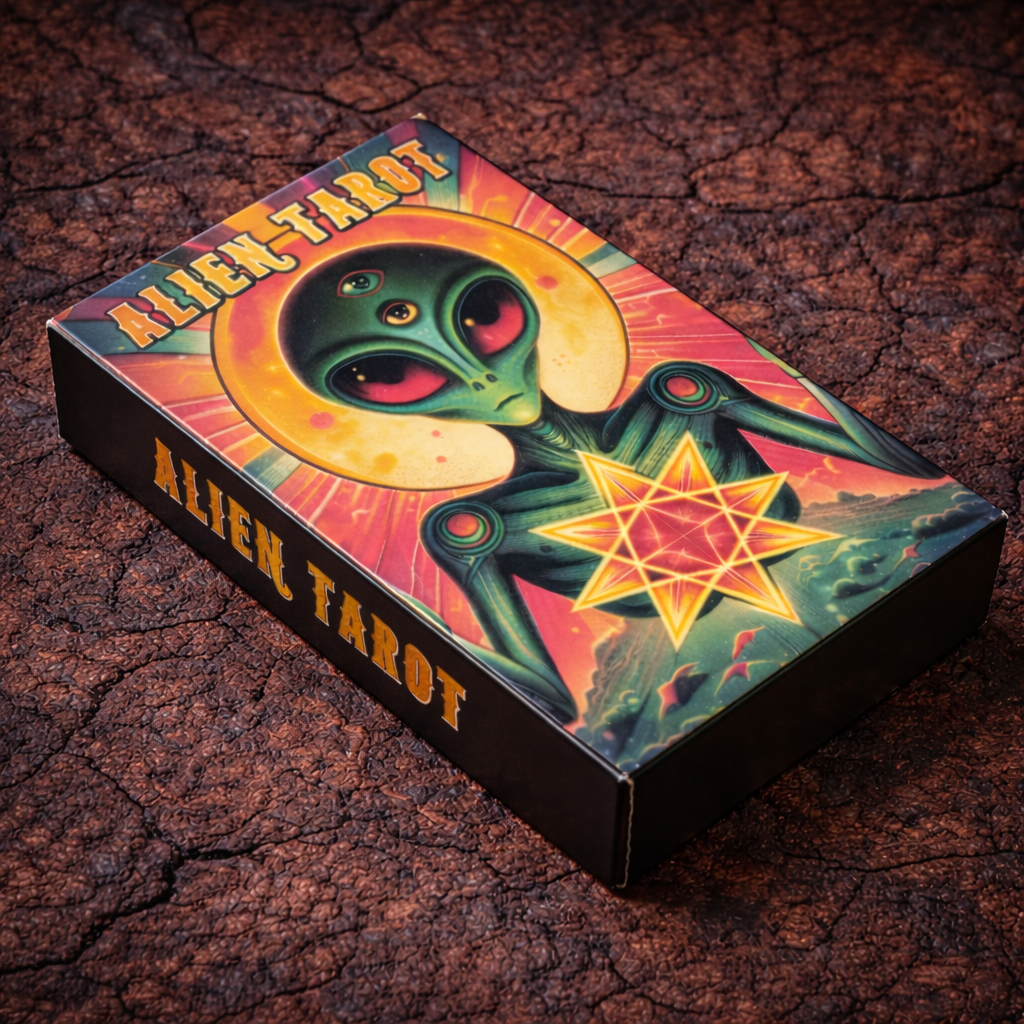 Alien tarot deck with cosmic artwork and geometric star symbol”