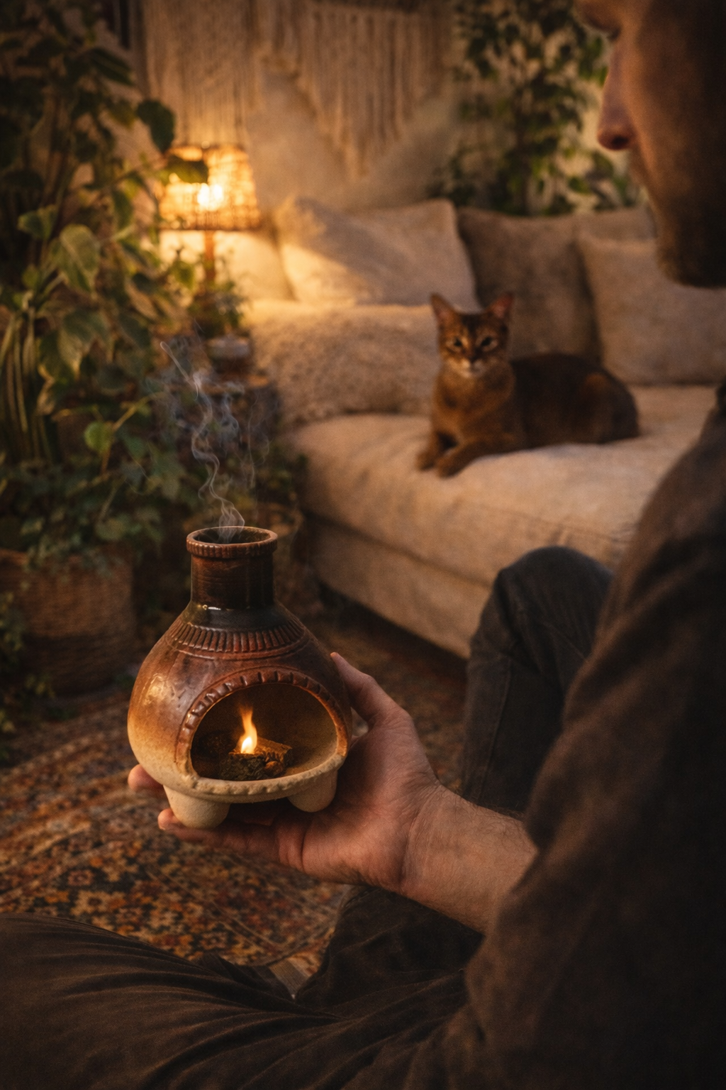 Ceramic incense burner with earth-tone glaze used for aromatic and ritual incense.