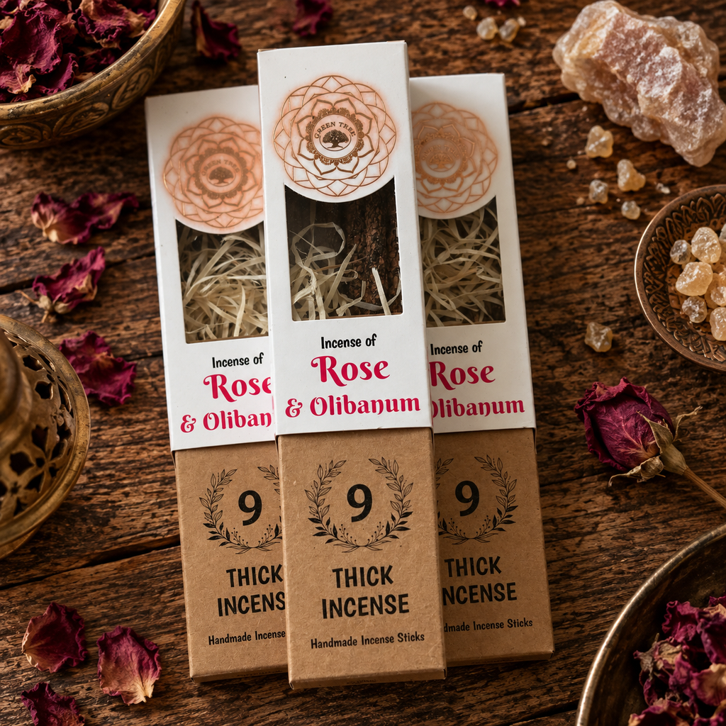 Rose and Olibanum incense boxes containing 9 thick handmade incense sticks, styled with dried roses and resin on a wooden surface.