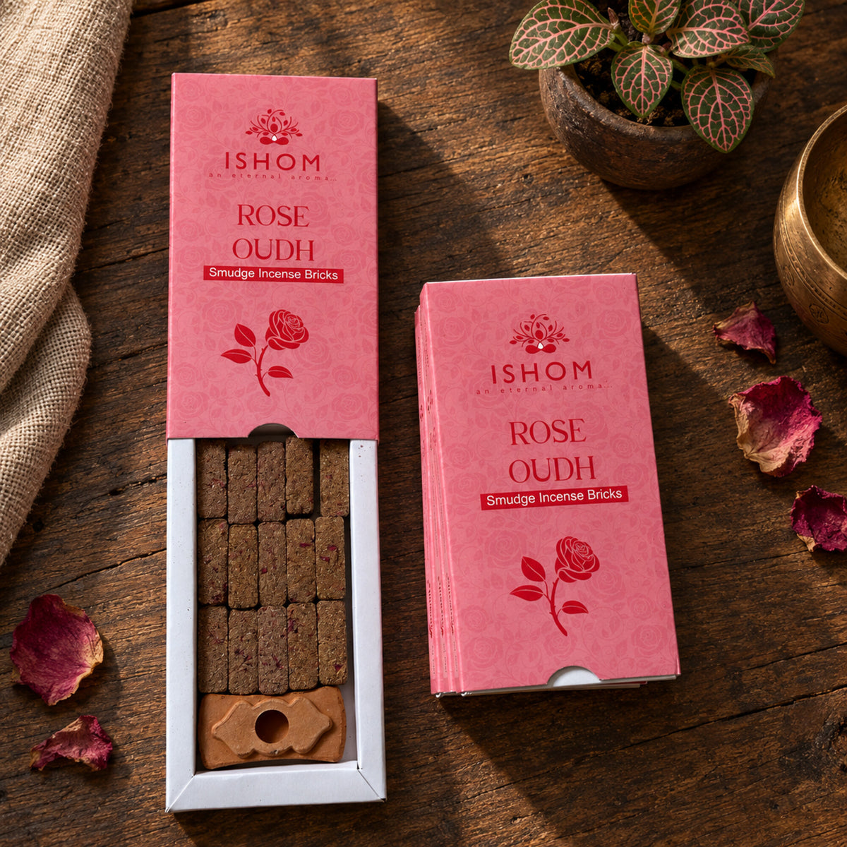 Open ISHOM Rose Oudh incense box showing 15 smudge bricks and included burner