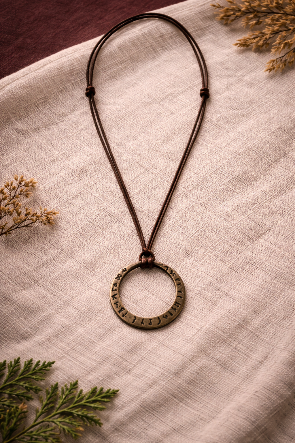 Adjustable brown cord necklace with an antique-brass-tone open circle pendant engraved with rune-style symbols