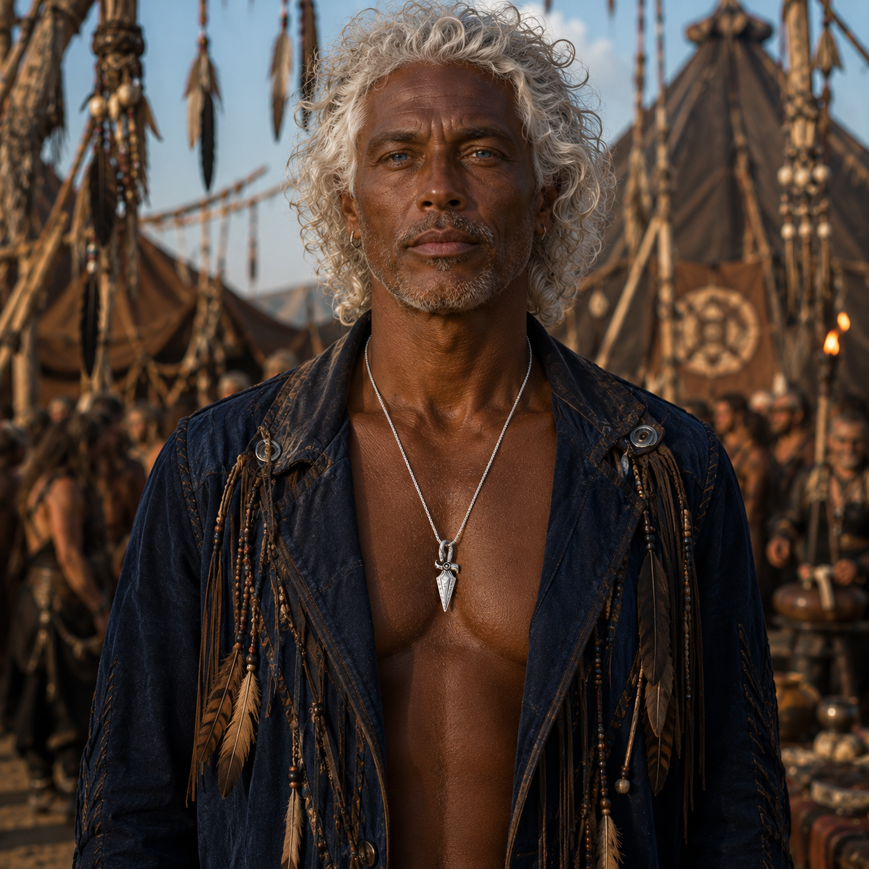 Man wearing a stainless steel serpent and dagger pendant necklace in a tribal-inspired outdoor setting.
