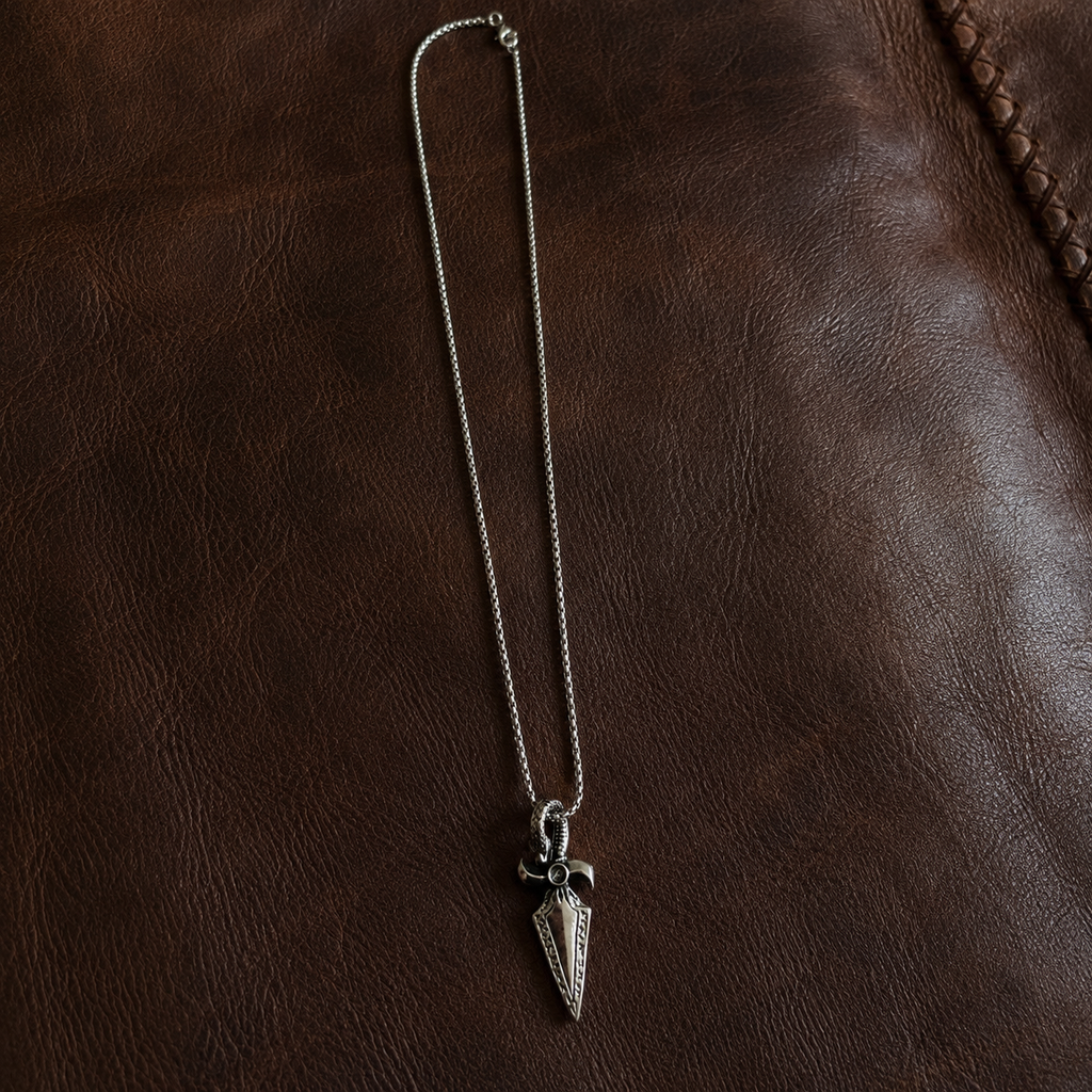 Stainless steel serpent and dagger pendant necklace with matching chain displayed on dark brown leather.