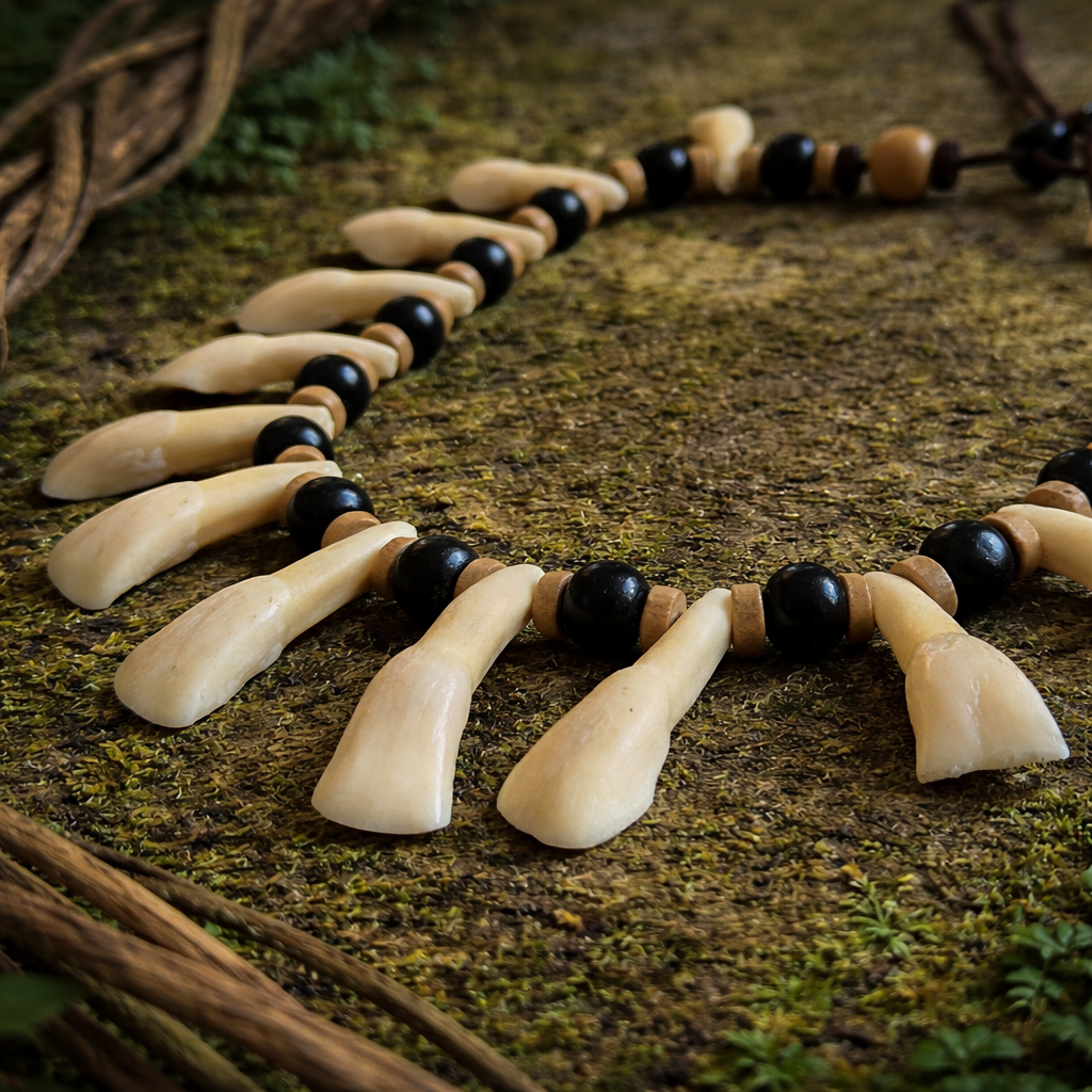 Close-up of the Shaman Bone Necklace showing cream-coloured bone pendants and black beads