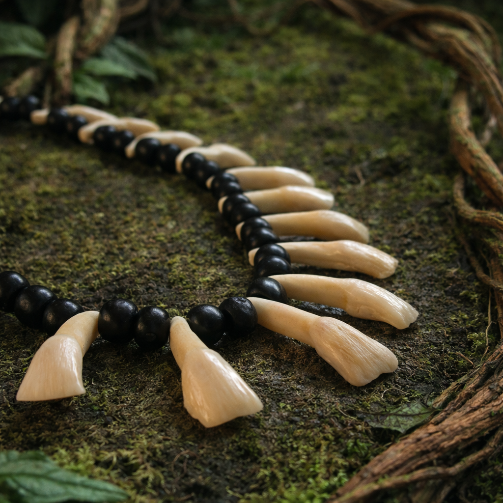 Close-up of the Shaman Bone Necklace showing bone pendants, black beads and brown spacer details