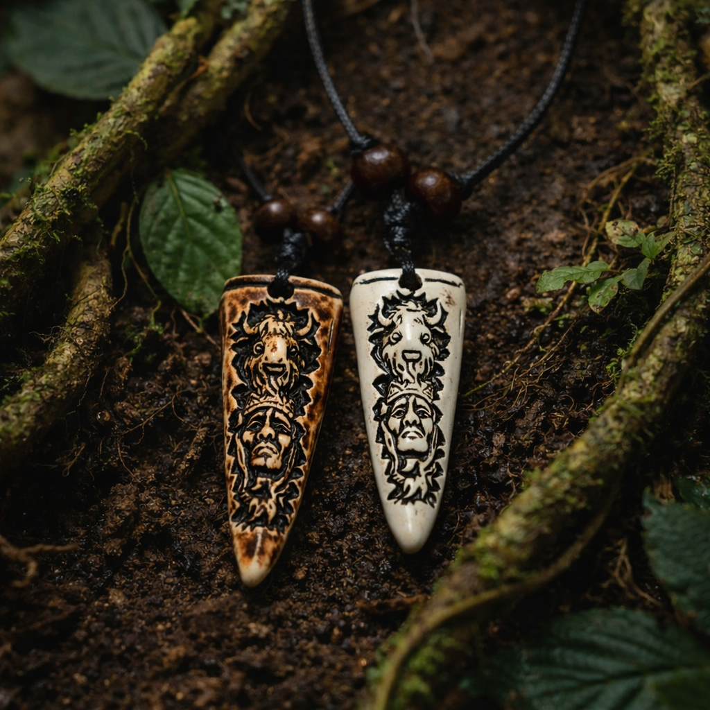 White and brown fang-style pendant necklaces with shamans face motif, displayed on black cords
