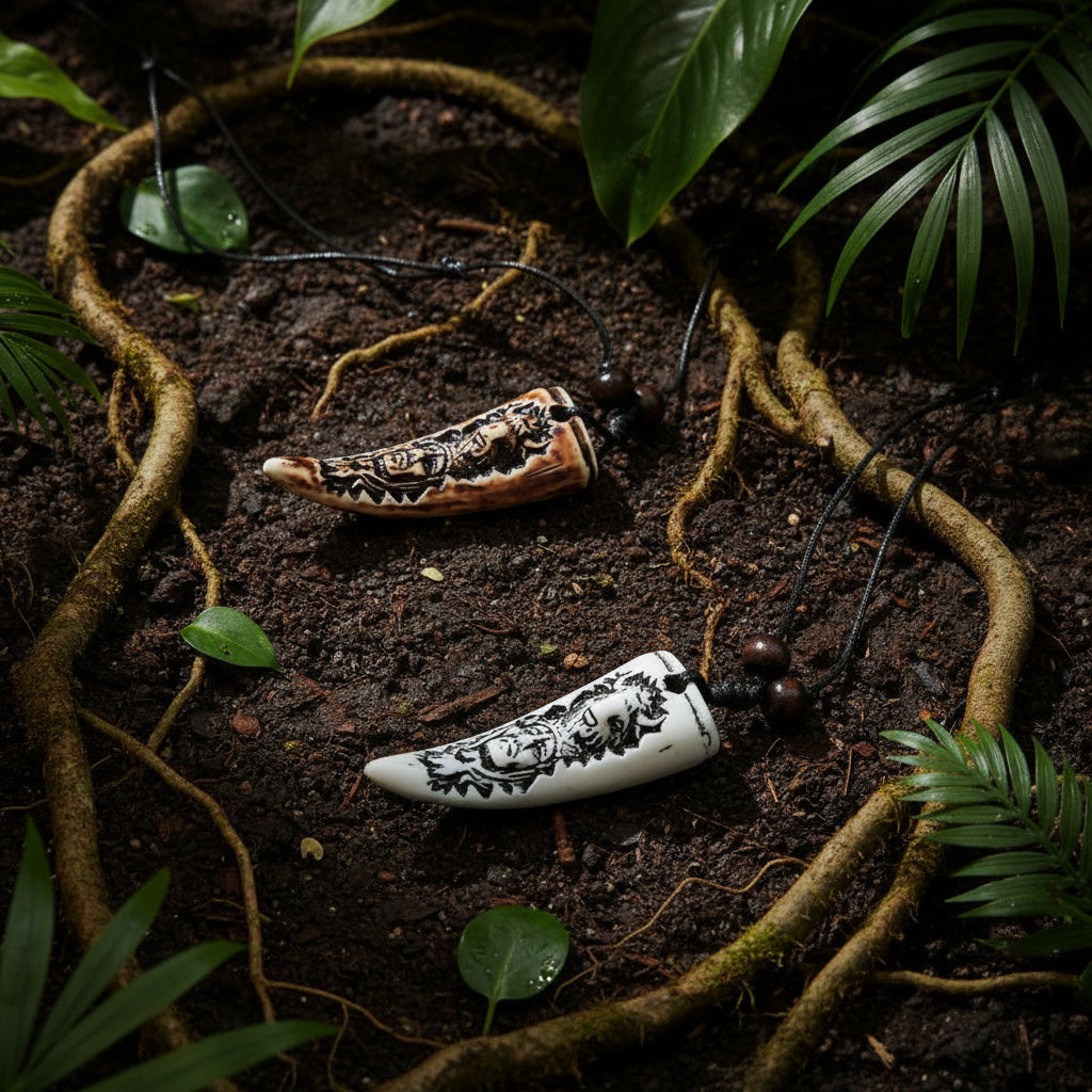 White and brown fang-style pendant necklaces with illustrated shamanic motifs, shown from the side on black cords