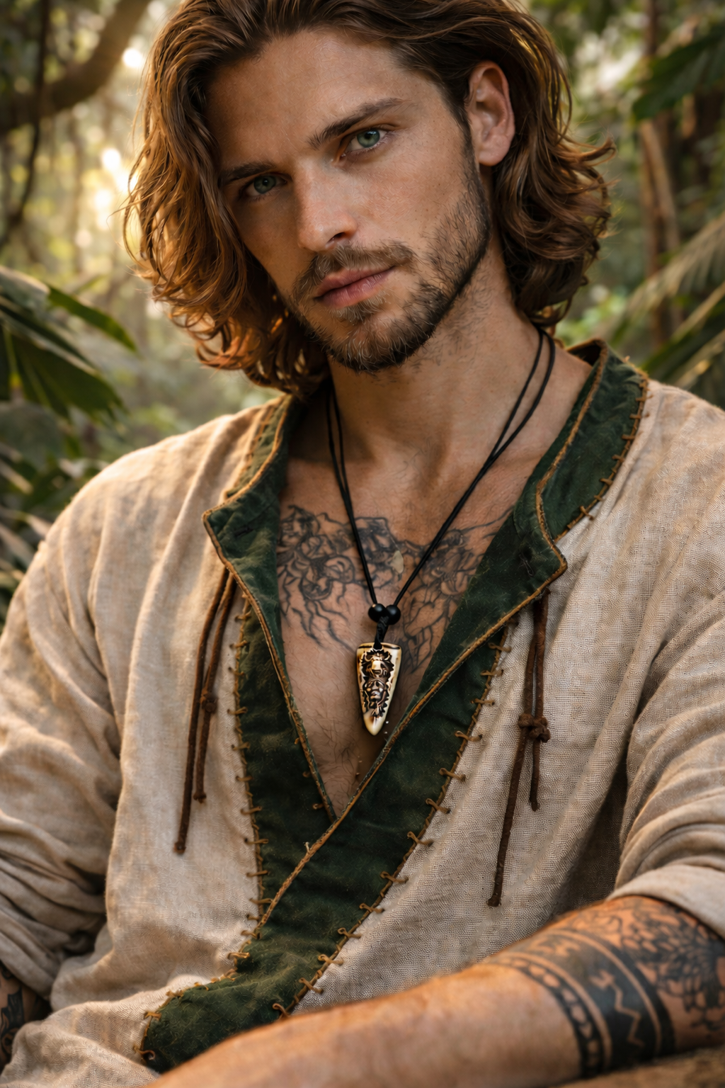 Model wearing a white fang-style pendant necklace with a detailed shaman motif on a black cord