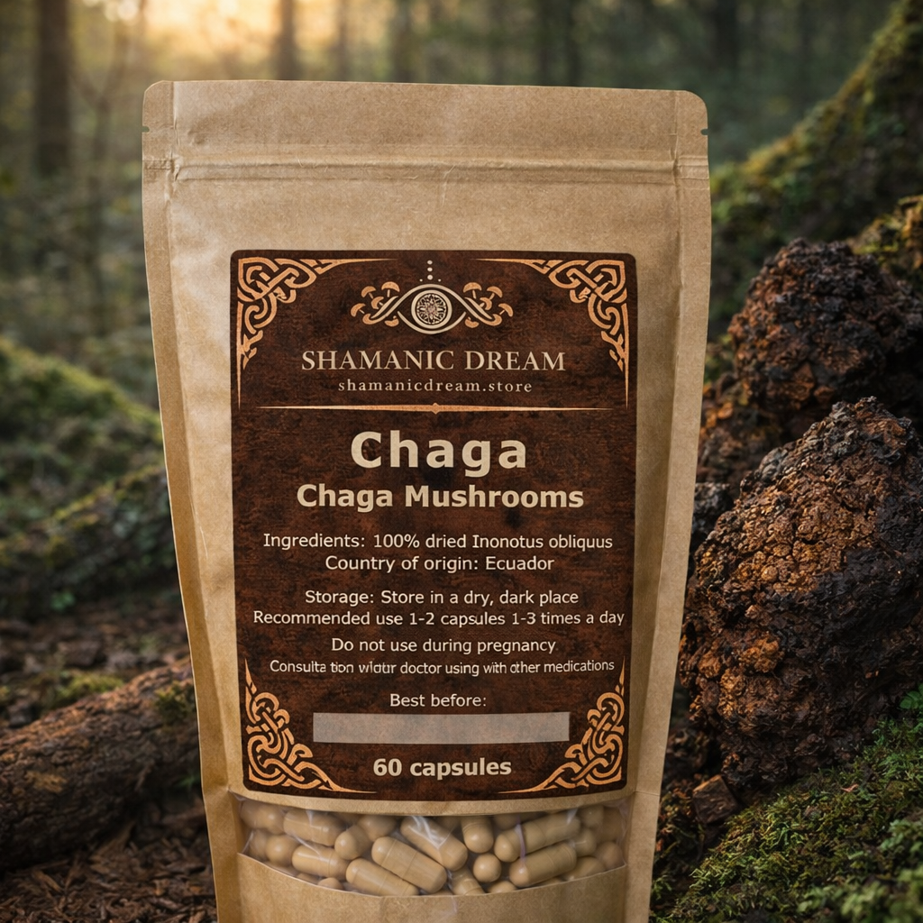 Shamanic Dream Chaga Mushroom pouch containing 60 capsules, labelled with Inonotus obliquus