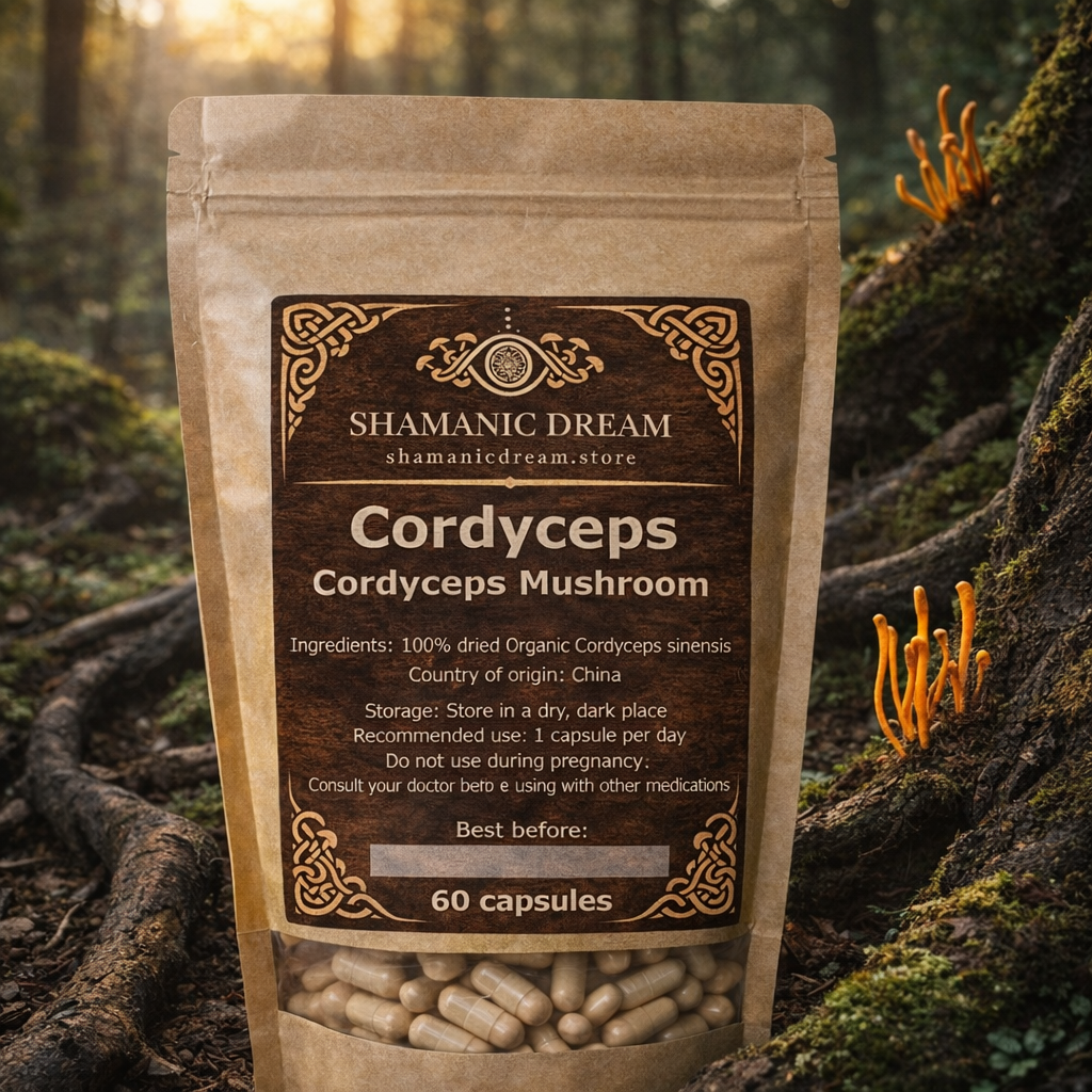 Shamanic Dream Cordyceps Mushroom pouch containing 60 capsules, labelled with Cordyceps sinensis