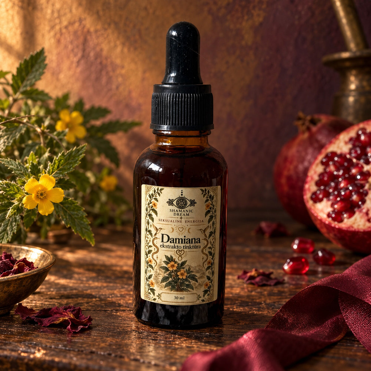 Shamanic Dream Damiana botanical extract tincture in a 30 ml amber glass dropper bottle, styled with yellow flowers, pomegranate and burgundy fabric.