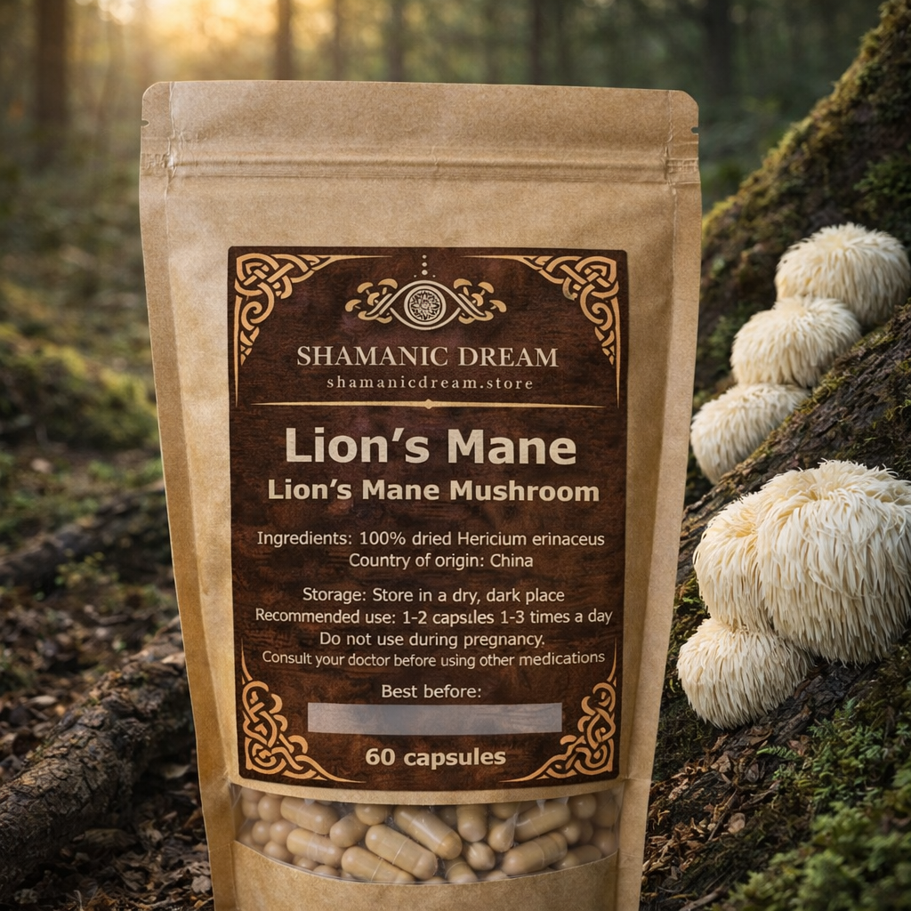 Shamanic Dream Lion’s Mane Mushroom pouch containing 60 capsules, labelled with Hericium erinaceus