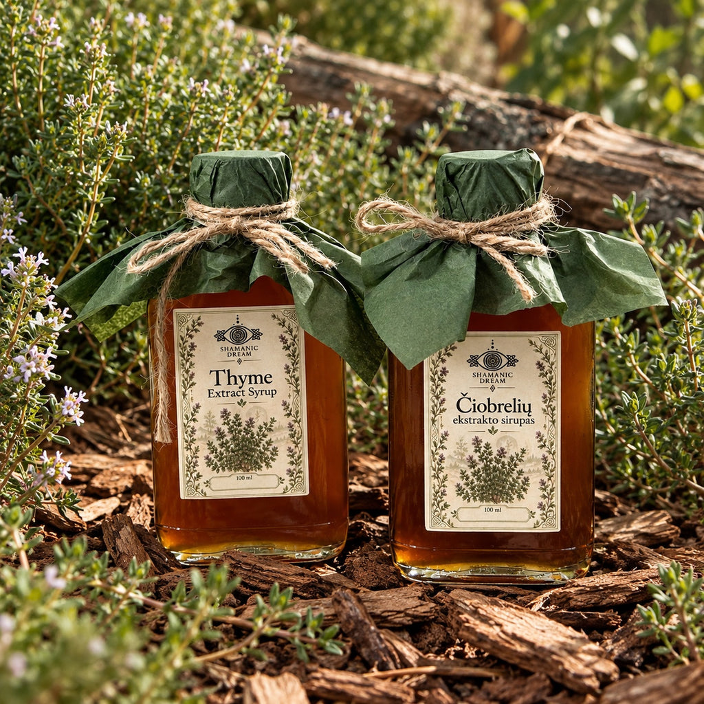 English and Lithuanian Shamanic Dream Thyme Extract Syrup bottles displayed outdoors with thyme plants