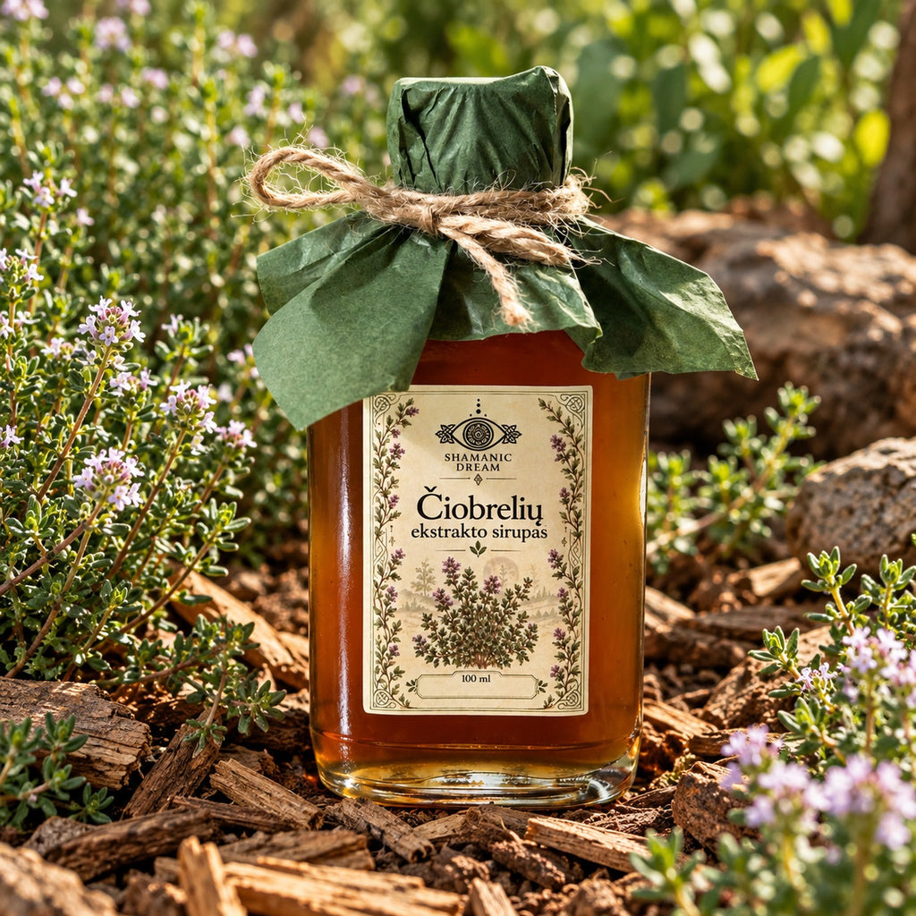 Shamanic Dream Thyme Extract Syrup 100 ml bottle surrounded by fresh flowering thyme