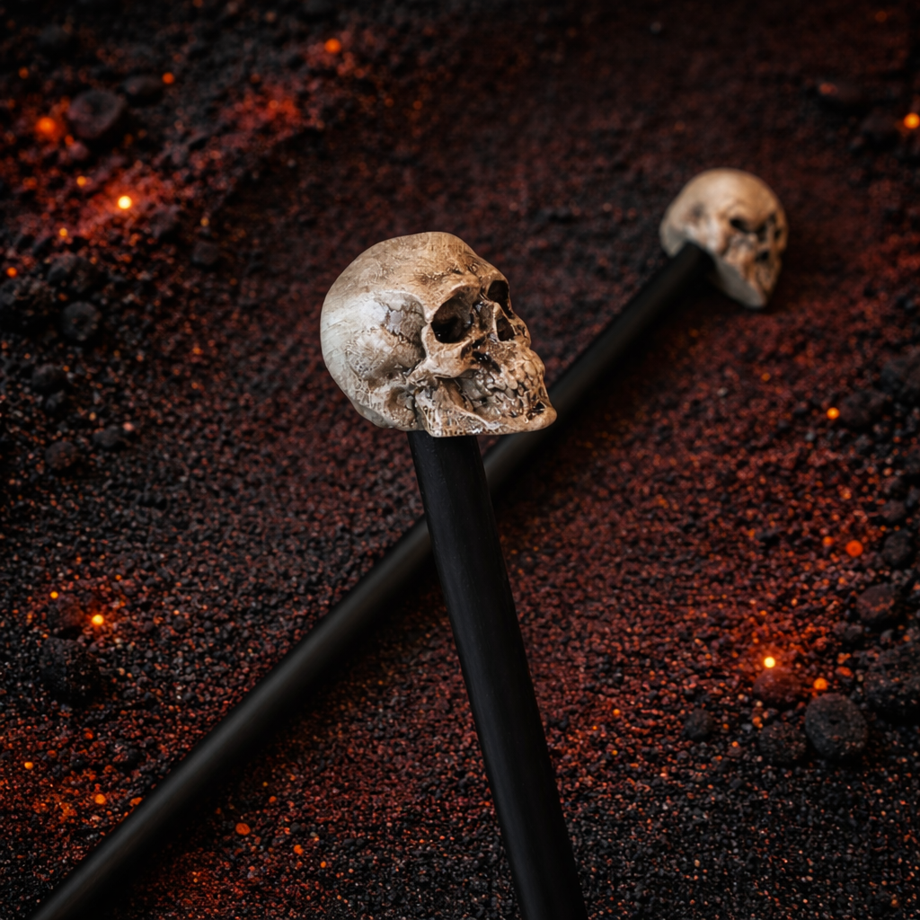 Close-up of black gothic hair sticks with detailed skull-shaped top