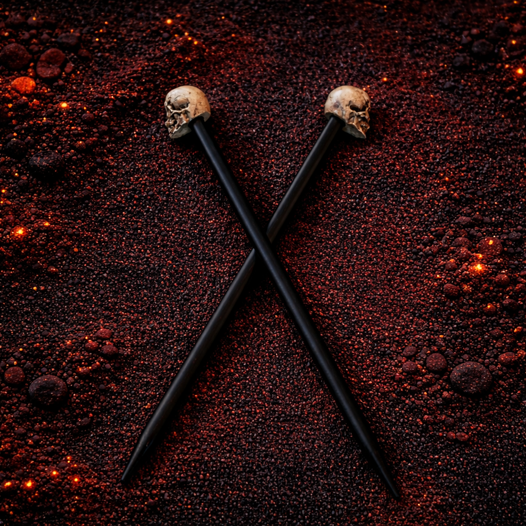 Full pair of black gothic skull hair sticks crossed on a dark textured background