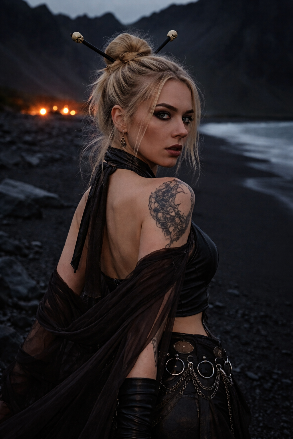 Model wearing two black gothic hair sticks with skull-shaped tops in a braided updo. Festival wear. Gothic style 
