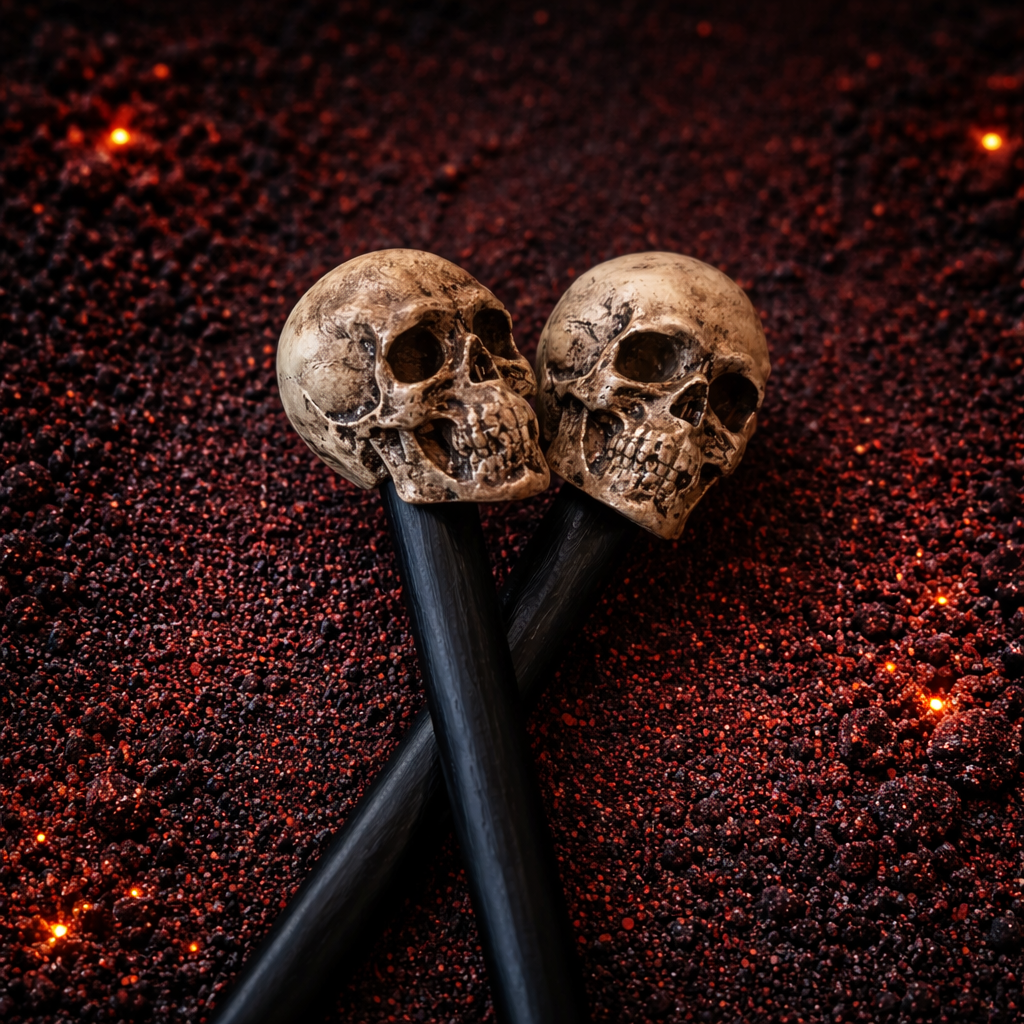 Pair of black gothic hair sticks with weathered skull-shaped tops. Festival wear. Gothic  style 